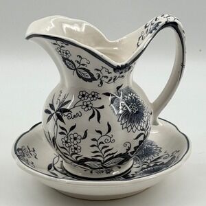 Vintage 70s Enesco Japan Cream Pitcher Plate Set Floral Blue Design Cottagecore